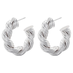 Macro shot of silver C-shaped twisted rope earrings with polished metallic finish