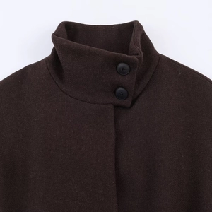 Women's dark brown tiered short coat with stand collar and double-breasted buttons