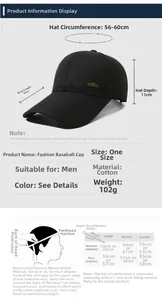 Detailed size chart for baseball cap with 10cm long brim and 56-60cm head circumference