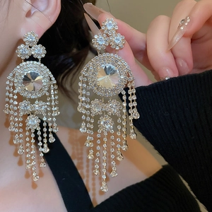 Detailed view of silver long fringe earrings with crystals worn by a model