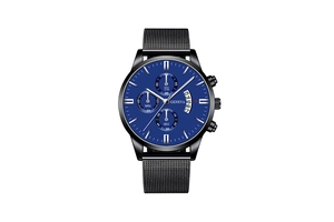 Close-up of Geneva men's watch with blue chronograph dial and black mesh band