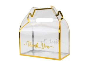 Close-up of a clear PVC gift box with gold trim and gold Thank You lettering