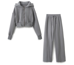 Detail of gray two-piece set featuring cropped zip hoodie and wide-leg sweatpants