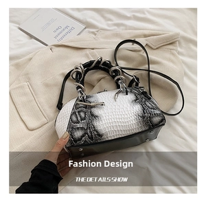 Detail of snake skin texture with silver rings and snake hardware on shell bag