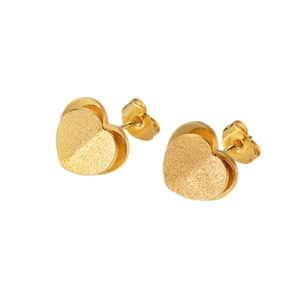 Fashionable double-layered golden frosted heart stud earrings for women on white background