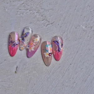 Elegant purple butterfly nail stickers with 3D pearls and floral glitter design