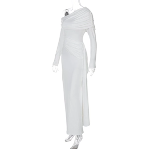 Detailed view of the white asymmetrical off-shoulder maxi dress with elegant side draping