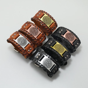 Set of 6 Viking compass leather bracelets in brown and black with vintage metal charms