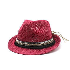 Ethnic burgundy knitted jazz hat with decorative fringe band and breathable hollow texture