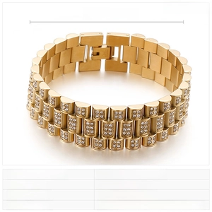 Detail specifications of golden stainless steel punk bracelet with rhinestones, 200x18mm size