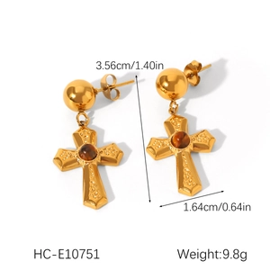 Golden cross earrings with brown tiger eye stone, detailed size and weight measurements