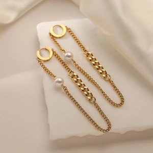 18K gold plated stainless steel chain tassel earrings with pearl on white stone