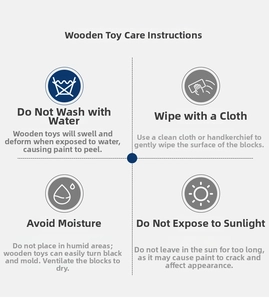 Detailed care instructions for wooden toys including dry cleaning and moisture protection