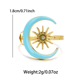 Detailed view of gold sun moon ring showing 1.8cm outer diameter and 2g weight