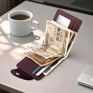 Deep reddish brown PU leather bifold wallet with money clip and secure button closure