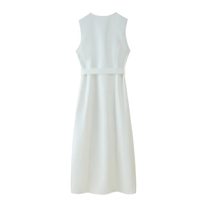 Detailed back view of white sleeveless dress featuring waist belt and minimalist clean cut