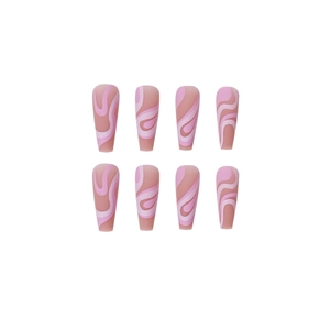 Long coffin press-on nails with pink abstract wave patterns and matte finish textures