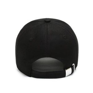 Classic black cotton baseball cap with adjustable strap and silver buckle back view
