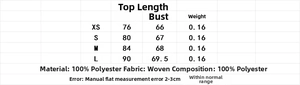 Detaillierte Größentabelle für gestreiftes Neckholder-Top und Hose mit Maßangaben in Zentimetern