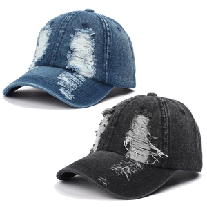 Distressed Denim Baseball Cap Washed Cotton Ripped Streetwear Retro Adjustable Hip Hop Sun Hat For Women Men
