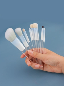 Detail of 8pcs makeup brush set featuring blue gradient ferrules and clear handles