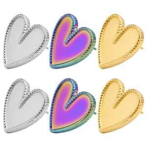 Close-up of heart-shaped stainless steel earrings with colorful fill and rope edge texture