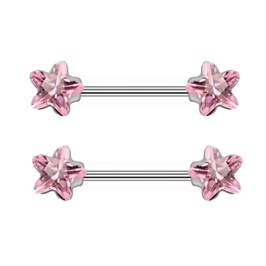 Paar Nippelpiercings aus Edelstahl mit rosa sternförmigen Zirkoniasteinen auf Silberstäben