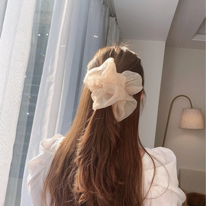 Large champagne organza scrunchie hair tie shown in a natural indoor ponytail hairstyle