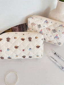 Quilted beige pencil case with cute puppy and elephant patterns in high capacity