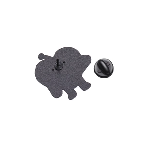 Macro shot of the black enamel elephant brooch back with a secure rubber clutch pin