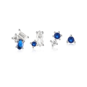Set of four S925 silver stud earrings with blue and white geometric opal stones