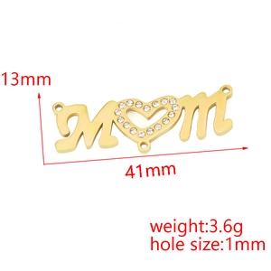 Polished gold MOM heart pendant with baby feet and rhinestones, dimensions 41mm by 13mm