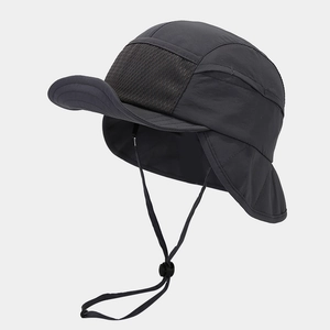 Detail of dark grey sun hat with breathable mesh and protective neck flap for outdoors