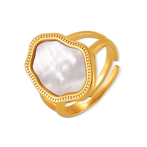 French geometric 18k gold plated stainless steel ring with irregular white sea shell