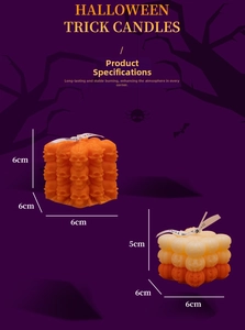 Detailed size view of Halloween skull and stacked pumpkin candles with dimensions