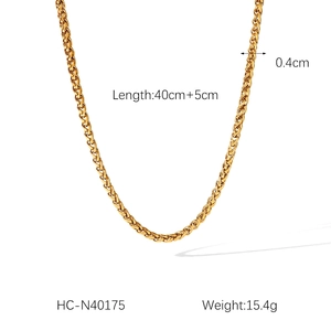 Detail showing 40cm gold stainless steel wheat chain with 0.4cm width and 5cm extender