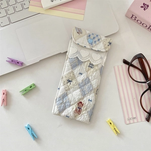 Quilted cotton padded glasses pouch with lace edge and cute bear pattern detail
