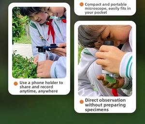 Portable handheld microscope for kids shown in outdoor use with smartphone adapter