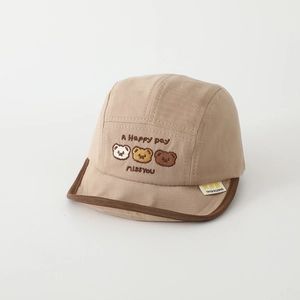 Detail view of khaki cotton baseball cap with three little bears embroidery and soft brim