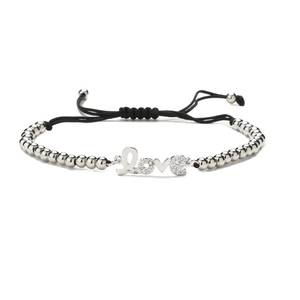 Bracelet minimaliste avec perles argentées, pendentif Love et cordon noir ajustable