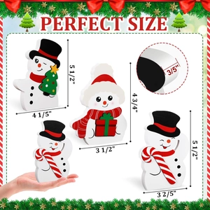 Set of four wooden Christmas snowman figurines with red and black scarves for home decor