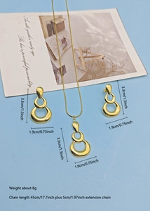 Detailed size chart for gold geometric teardrop necklace and earrings set with measurements