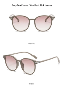 Detailed front and side views of grey tea frame sunglasses with pink gradient lenses
