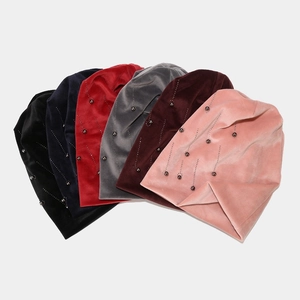Velvet pearl beanie hat for women featuring double-layer warm thermal lining in multiple colors