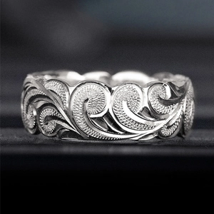 Retro silver floral engraved wide band ring with vintage wave pattern for men