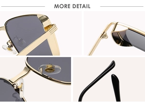 Detail shots of golden metal sunglasses frame with durable hinges and silicone nose pads