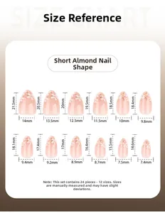 Tableau des tailles détaillé pour faux ongles amande courts avec 12 dimensions