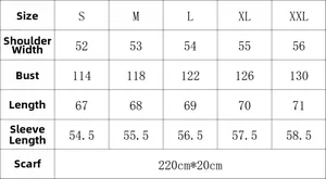 Detailed size chart for yellow faux mink fur oversized jacket with scarf dimensions