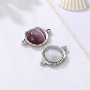 Round Cat Eye Stone Stainless Steel Jewelry Connectors DIY Necklace Bracelet Pendant Making Supplies Fashion Minimalist