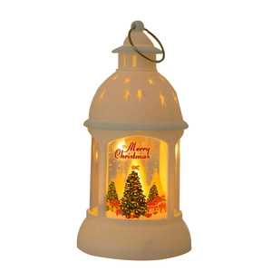 White LED Christmas lantern decoration with glowing tree and gift box inside